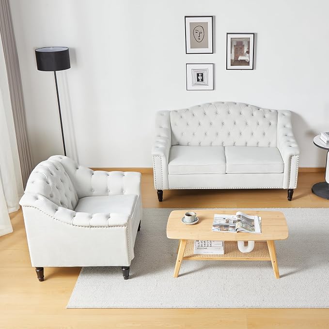 LEVNARY Chesterfield Loveseat Velvet, Upholstered Sofa - Image 7