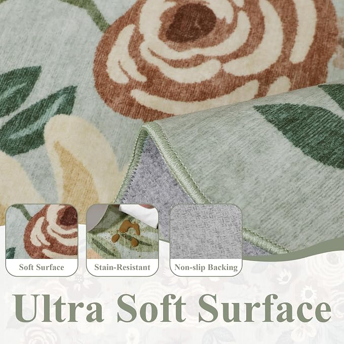 DUKINO 5x7 Area Rugs for Bedroom, Floral Washable Rug Non Slip, Sage Green | - Image 6