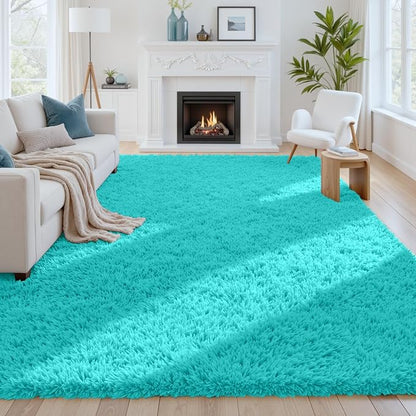 8x10 Fluffy Shag Area Rugs for Living Room Bedroom: Soft Carpet Teal Blue | by CarpetAddColortoYourLife