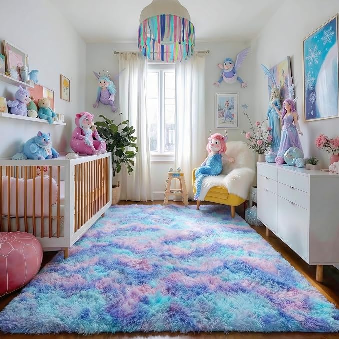 Amdrebio Purple Rainbow Mermaid Furry Kids Area Rug 5x8 - Image 5