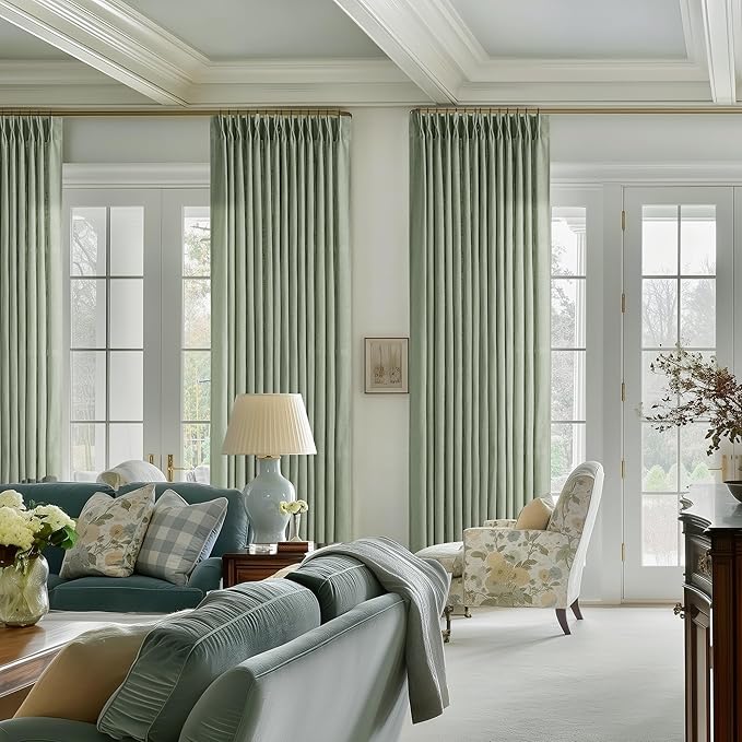 Sage Green Pinch Pleat Semi Sheer Linen Curtains 102 Inches Long 2 Panels | - Image 6