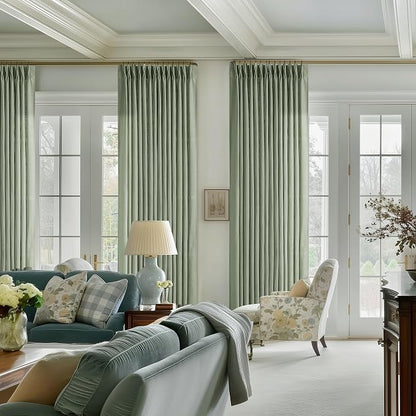 Pinch Pleated Sage Green Thick Linen Curtains 96 Inch Length 2 Panels Set | - Image 7
