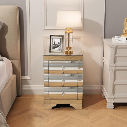 Curved Mirror Nightstand with 3 Drawer Glass Bedside Table - Image 3