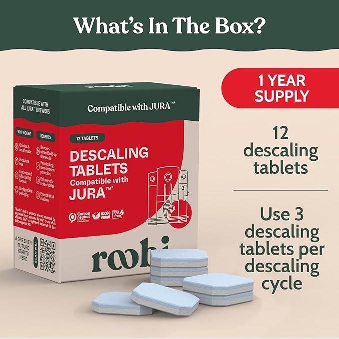 Roobi Jura Compatible Descaling Tablets. 12 Jura Descaling Tablets for Automatic Espresso Coffee Machines. 100% Vegan, Carbon Neutral.