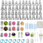 130 Pcs Piping Bags and Tips Set with 48 Numbered Icing Tips,7 Russian Tips,1 Ball Tip,2 Leaf Tips,Pattern Chart,8 Carved Pens,4 Couplers,6 Ties,50 Disposable Pastry Bags for Cake Decorating