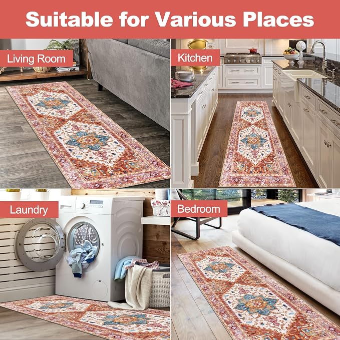 Yamaziot Washable Runner Rug, 2x5 Non-Slip Boho Vintage Hallway Kitchen Rug | - Image 8