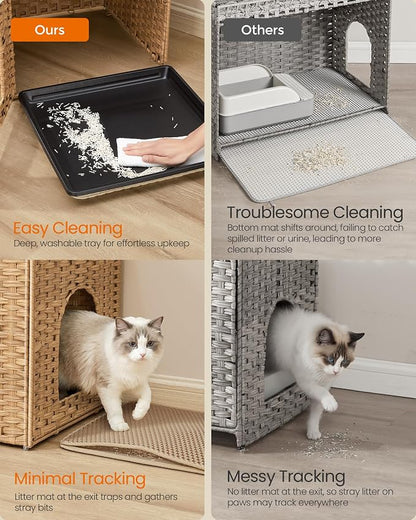 Feandrea Cat Litter Box Enclosure, Handwoven Rattan Hidden Litter Box Furniture - Image 3