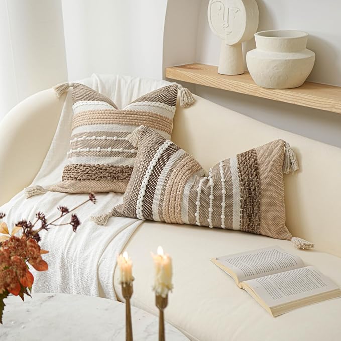 Boho Decorative Throw Pillow Cover 22x22 Square Brown Accent Pillowcase Tassels - Image 5