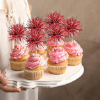 40 PCS Foil Firework Cupcake Toppers Sparkle Tinsel Cupcakae Picks Sparkler Fireworks Party Decorations Cocktail Fruit Toothpick for Birthday Wedding Graduation Party Decorations Supplies Red