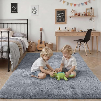 Area Rug Living Room Bedroom: 4x6 Fluffy Plush Shag Carpet Gray | - Image 7