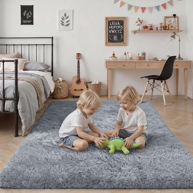 Area Rug Living Room Bedroom: 6x9 Fluffy Plush Shag Carpet Gray | - Image 7
