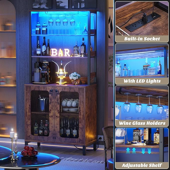 Aheaplus Bar Cabinet with Power Outlets, 67" Tall Wine Bar Liquor Cabinet with LED Lights & Glass Holder, Coffee Bars Station for Living Room, Microwave Stand Bakers Rack Cabinets, Rustic Brown