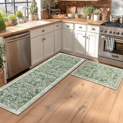 Yamaziot 2x3+2x5Ft Washable Kitchen Rug Set of 2 Non Slip, Sage Green | Soft - Image 3