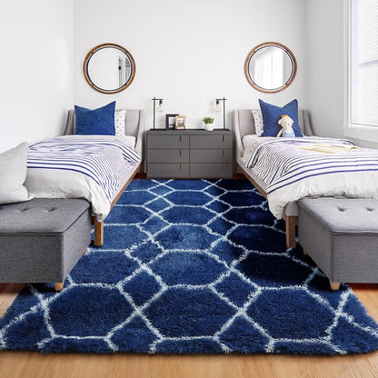 Area Rugs for Living Room, 5x8 Fluffy Navy and White Bedroom Geometric Rug | - Image 7