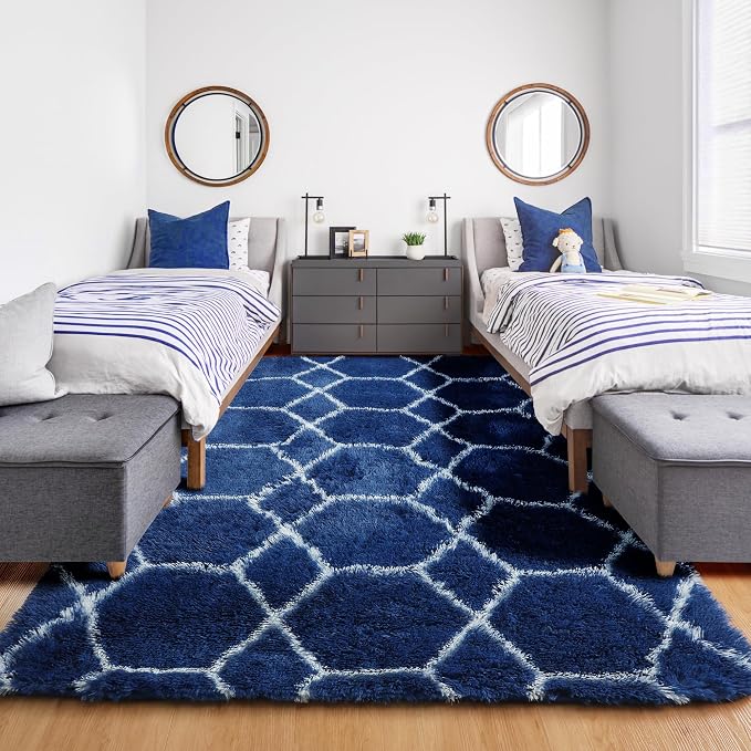 8x10 Area Rugs for Living Room, Fluffy Navy and White Rug for Boys Bedroom | - Image 7