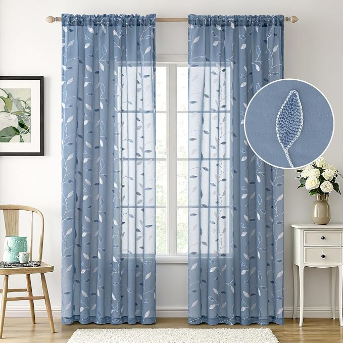 MIULEE Dusty Blue Sheer Curtains 2 Panels Leaf Patterned, W52 x L96 | - Image 2