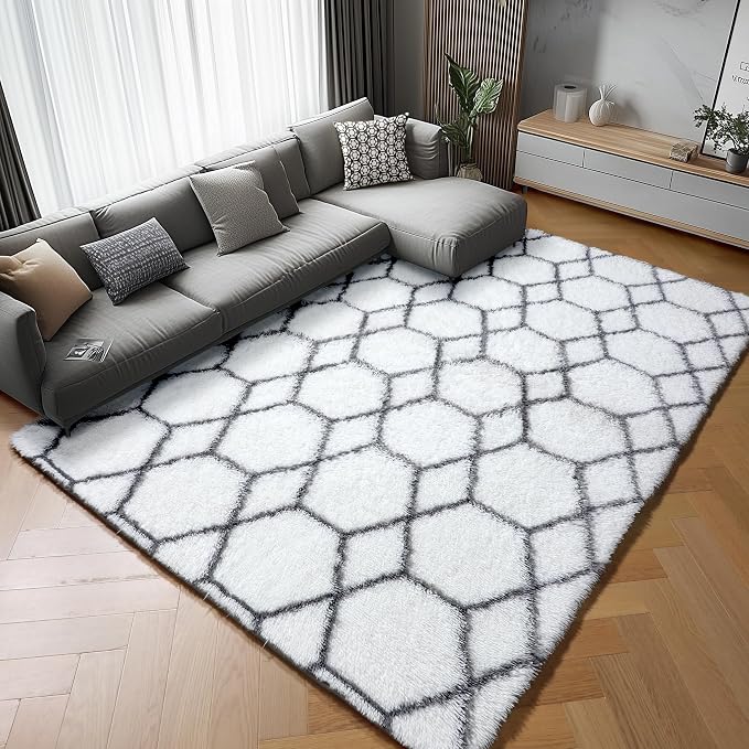 Area Rugs for Living Room, 7x10 Fluffy White and Grey Geometric Bedroom Rug | - Image 6