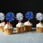 Gyufise 30Pcs Foil Firework Cupcake Toppers Sparkle Tinsel Cake Toppers Tinsel Drink Cake Decoration Cocktail Picks for Birthday Wedding Graduation Party Supplies Silver Dark Blue