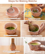 Matcha Whisk Set, Ceramic Matcha Set Includes Matcha Bowl, Matcha Whisk and Holder, Bamboo Scoop, Scoop Rest, Sifter and Tea Towel - 7 Pcs Matcha Kit(Pink)
