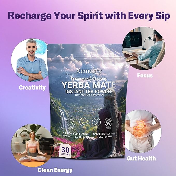 Yerba Mate Tea Powder - Peach Mango, Clean Energy & Focus with L-Theanine, Gut Health Support with Prebiotics, No Crash, 11.6oz (30 Servings)