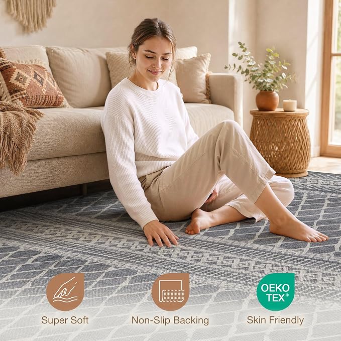 cotiled Boho 10x14 Area Rug for Living Room: Large Moroccan Washable Rug | - Image 2