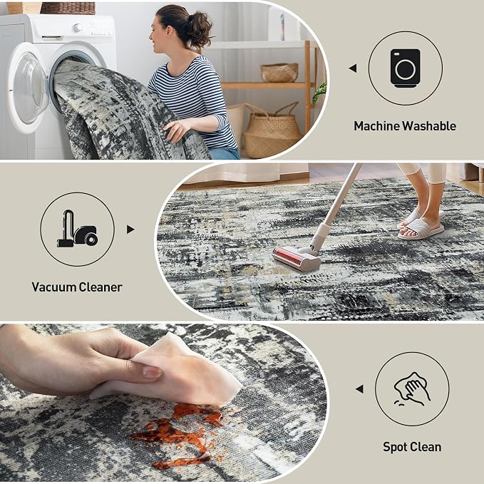 4x6 Area Rugs for Living Room: Washable Abstract Black Grey Gold Carpet | - Image 4