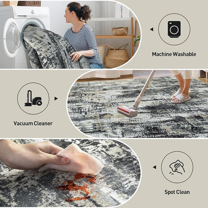 4x6 Area Rugs for Living Room: Washable Abstract Black Grey Gold Carpet | - Image 4