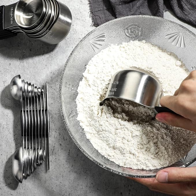 Magnetic Measuring Cups and Spoons Set Including 7 Stainless Steel Measuring Cups 8 Double Sided Magnetic Measuring Spoons Set with 1 Leveler Kitchen Tools for Cooking Baking (Black)