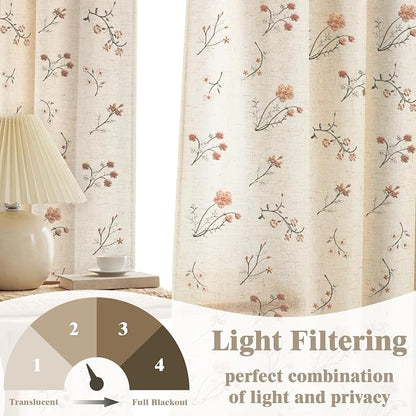 Floral Embroidered Light Filtering Curtains 96 Inch 2 Panels | Linen Blend - Image 4