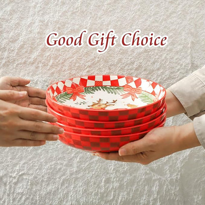 HASENSE Pasta Bowls Set of 4, 42 Ounce Ceramic Salad Serving Bowl for Kitchen,9.7 Inch Large Shallow Bowls for Pasta Soup Salad Dinners,Holiday Gatherings,Christmas, Dishwasher & Microwave Safe