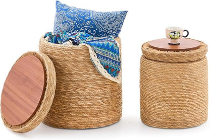 Wimarsbon Round Pouf Ottomans, Handwoven Natural Water Hyacinth Seagrass Pouffe by Wimarsbon