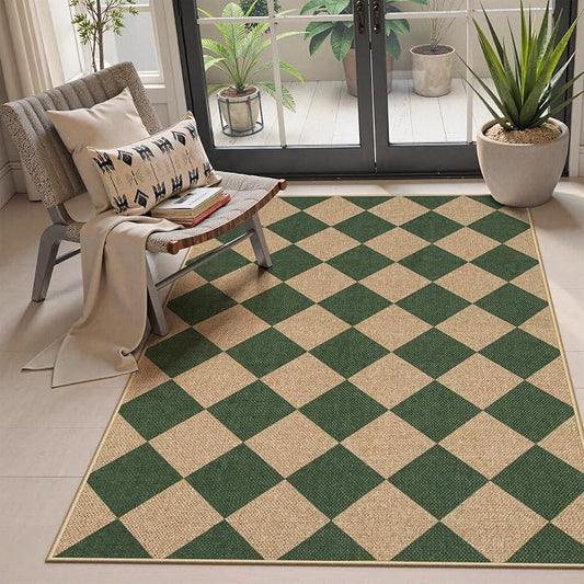 Lahome Checkered Easy Jute 3x5 Outdoor Patio Rug, Washable Rugs Green | Front by Lahome
