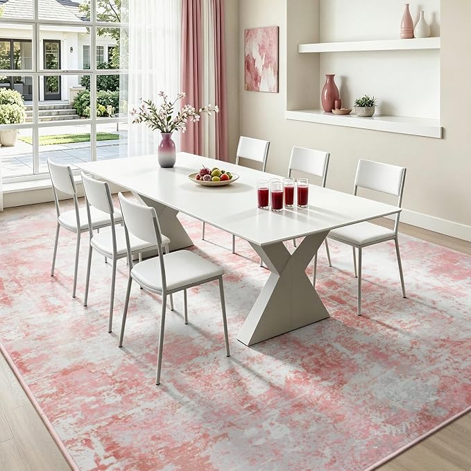 Rugflix 5x7 Area Rugs for Living Room, Washable Pink White Large Rug | Machine - Image 4