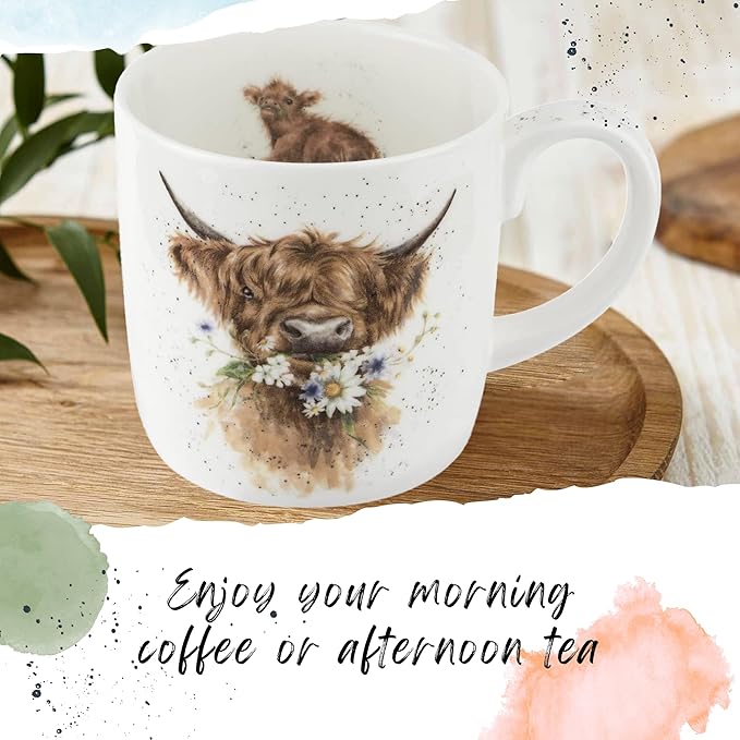 Royal Worcester Wrendale Designs 14 oz Mug, Daisy Coo - Fine Bone China with Cow Motif - Woodland Themed Tea Mug for Cozy Cottagecore Homes - Safe Ceramic Drinkware for Daily Use