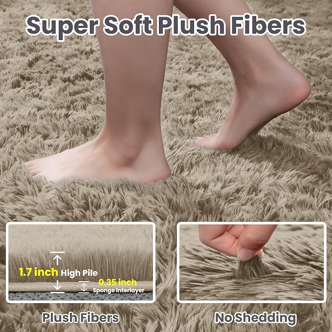 5x7 Fluffy Shag Area Rugs for Living Room Bedroom: Soft Carpet Gray Camel | - Image 5