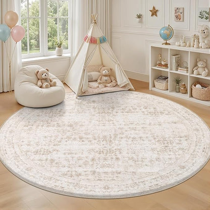 Round Area Rug for Living Room: 4ft Boho Washable Rug Beige Brown | Vintage - Image 5
