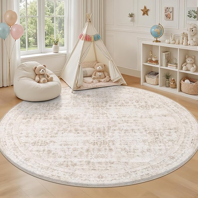 Round Area Rug for Living Room: 6ft Boho Washable Rug Beige Brown | Vintage - Image 5