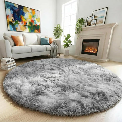 Amdrebio Tie-Dyed Light Grey Fluffy Area Round Rug 5Ft by Amdrebio