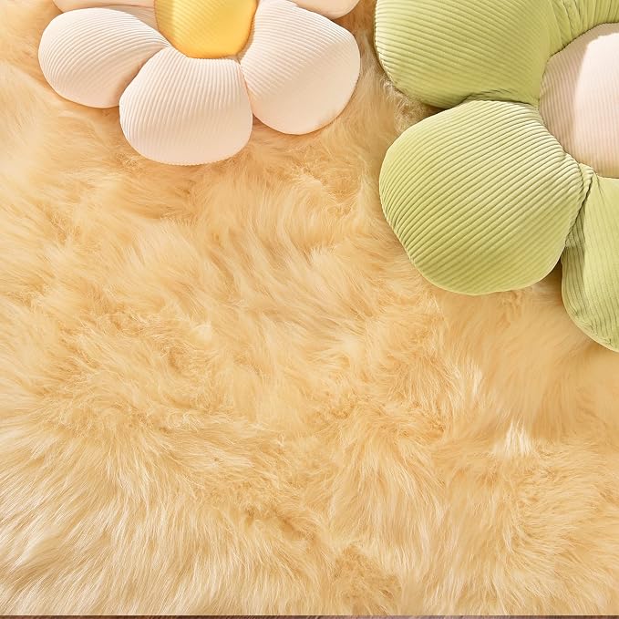 Latepis Yellow Round Rug 3ft Small Circle Faux Sheepskin Fur Rug Fluffy Boho - Image 6