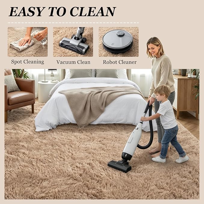 Area Rug Living Room Bedroom: 6x9 Fluffy Plush Shag Carpet Beige | - Image 8