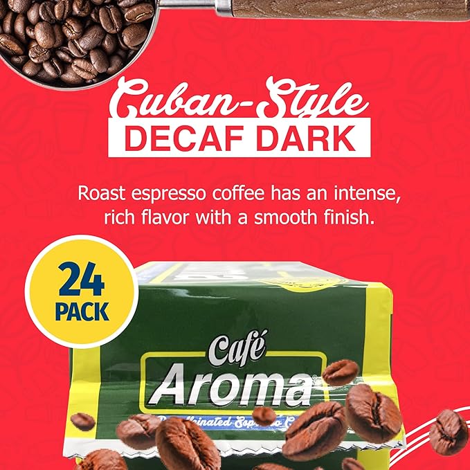Café Aroma Decaf Dark Roast Espresso Ground Coffee, Authentic Cuban Style Coffee, Vacuum Sealed, 8.8oz, Perfect for Hot and Iced Coffee, 24-Pack