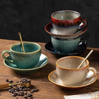 Porcelain Coffee Cup with Saucer Spoon Set, Vintage Design Ceramic Latte Art Cappuccino Barista Espresso Tea Cup with Saucer (11.6 oz, 350ml, Ink red)