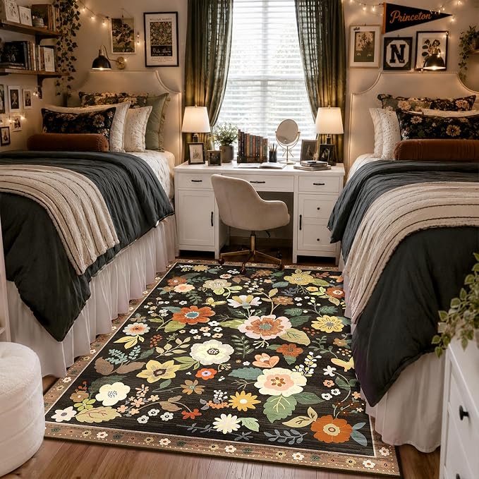 RELEANY Floral Washable 3x5 Area Rugs Black/Yellow | Flower Carpet Print Boho by RELEANY