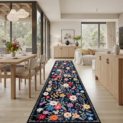 PLHXFR 2.6x14 Washable Runner Rug：Floral Indoor Kitchen Soft Carpet Black | - Image 4