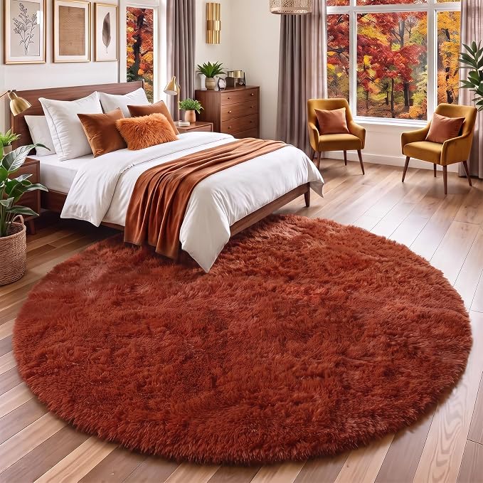 Amdrebio Terracotta Fluffy Round Area Rug 5Ft by Amdrebio
