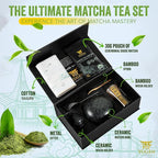 YUGEN MATCHA 7 Piece Matcha Whisk Set, Includes 30g Ceremonial Grade Matcha Powder, Metal Sifter, Bamboo Whisk, Whisk Holder, Bamboo Spoon, Tea Cloth, Matcha Bowl, Tea Set, Ceremony Set