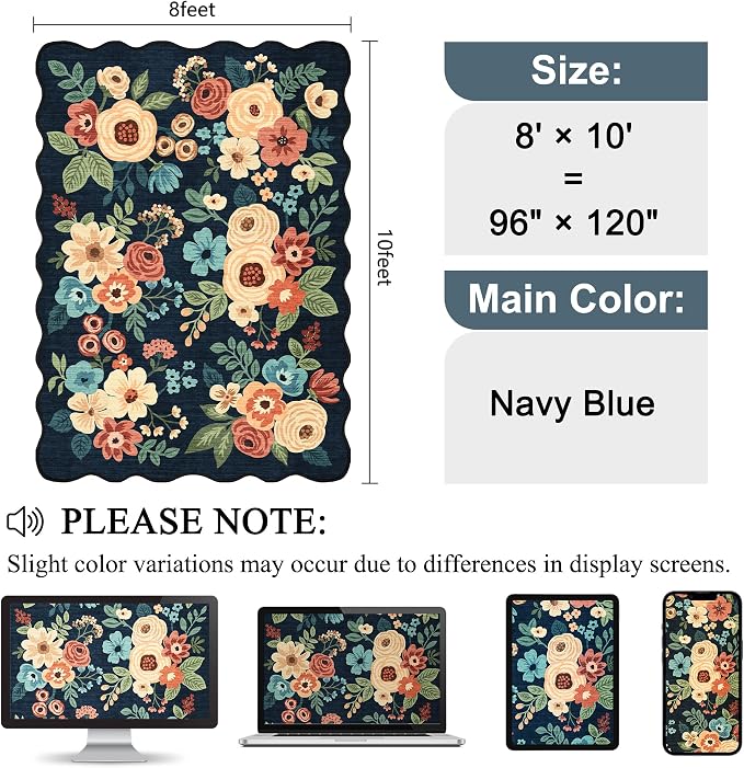 DUKINO 8x10 Area Rug for Living Room, Soft Floral Washable Rug, Low Pile - Image 2