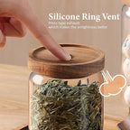 960ML/32Oz Clear Cute Glass Storage Canister Holder with Stackable Airtight Wood Lid, Modern Decorative Container Jar for Coffee, Spice, Candy, Salt, Cookie, Condiment, Pepper, Sugar