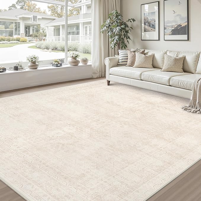 8x10 Area Rugs Living Room: Bedroom Neutral Washable Carpet Beige | Large - Image 9