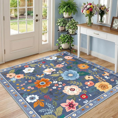 RELEANY Floral Washable Square 4ft Area Rug Blue/Grey | Flower Carpet Print - Image 2